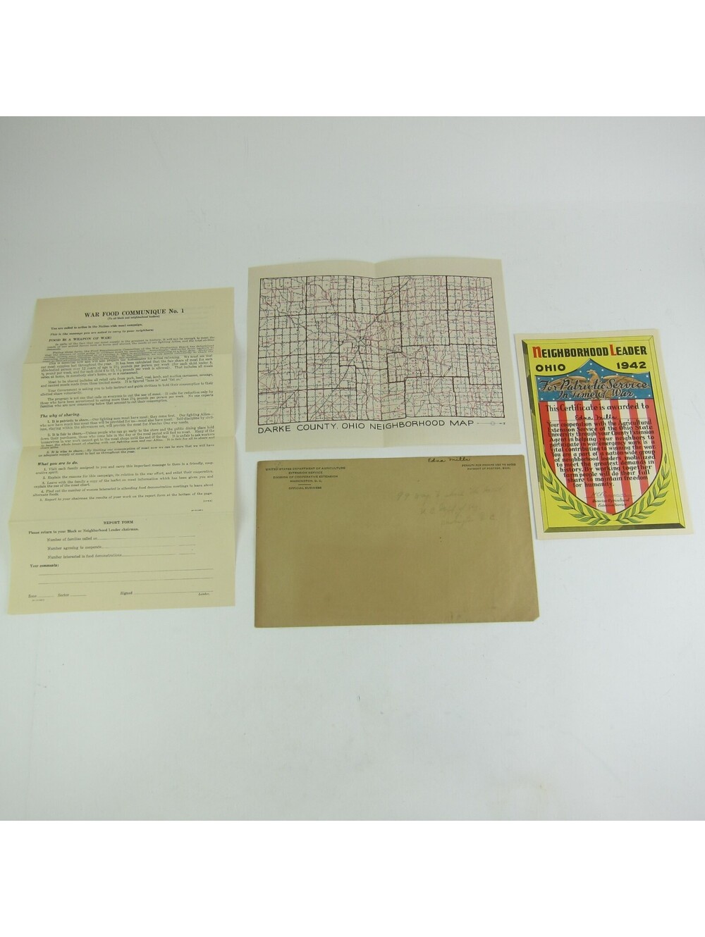 WW2 Vintage 1942 War Food Neighborhood Leader Certificate Ohio Darke County Map